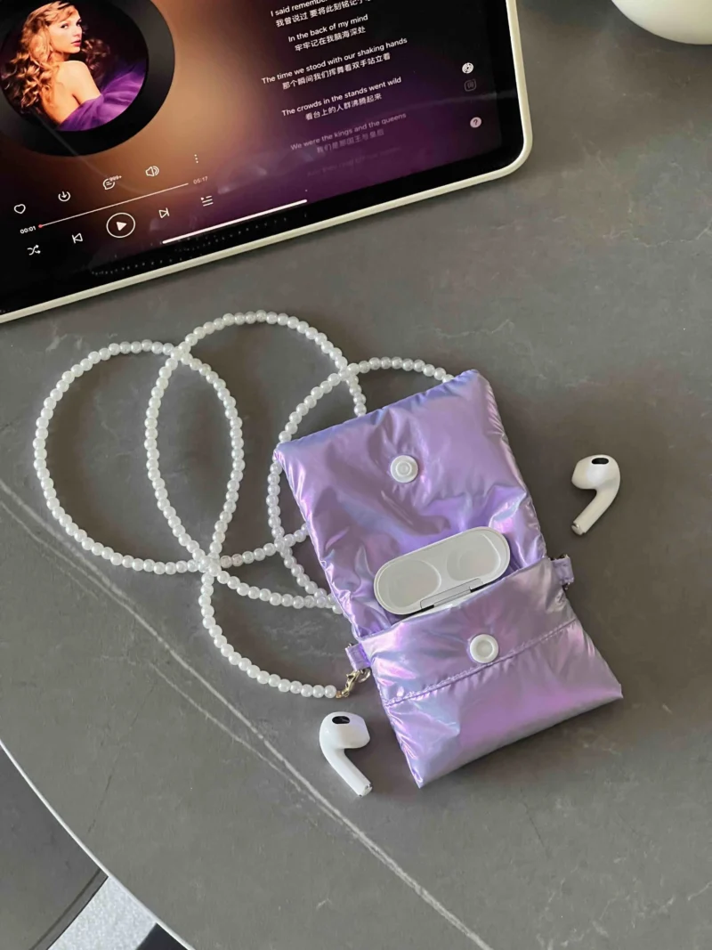 Taytay Purple Pearlescent Earphone Case with Pearl Strap with Woven Label - Image 5