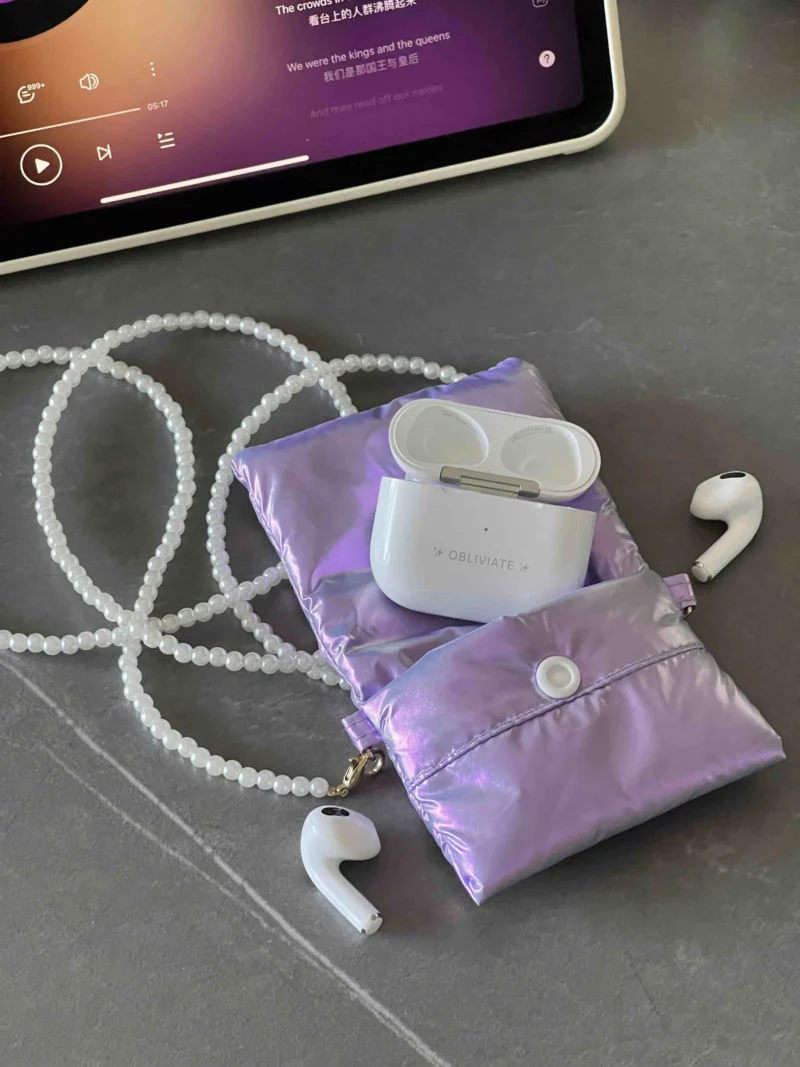 Taytay Purple Pearlescent Earphone Case with Pearl Strap with Woven Label - Image 3