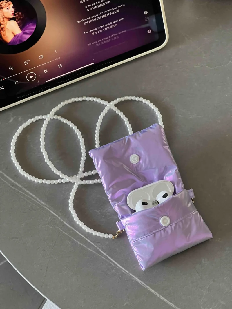 Taytay Purple Pearlescent Earphone Case with Pearl Strap with Woven Label - Image 4