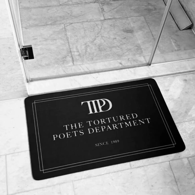 Taylor Swift Tortured Poets Mat in Black and Smoked Grey designs, non-slip and absorbent, suitable for entryways and bathrooms, available in 5 sizes, inspired by 1989 era.