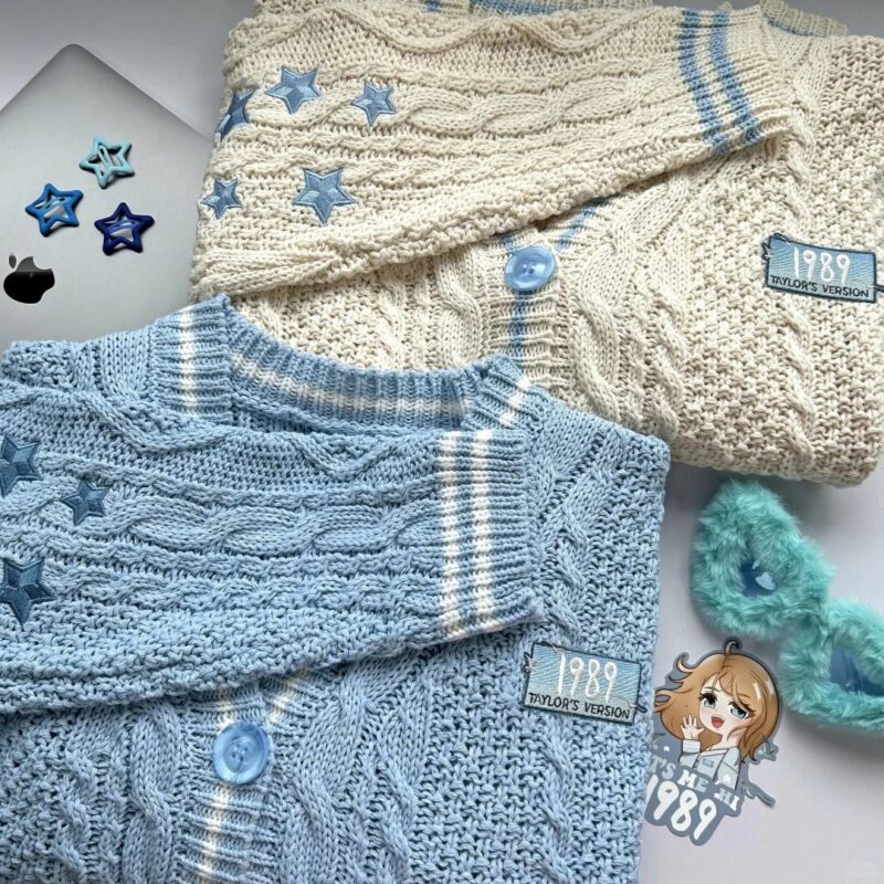 1989 (Taylor's Version) Inspired Cardigan | Seagull Blue & Cream Knit Sweater