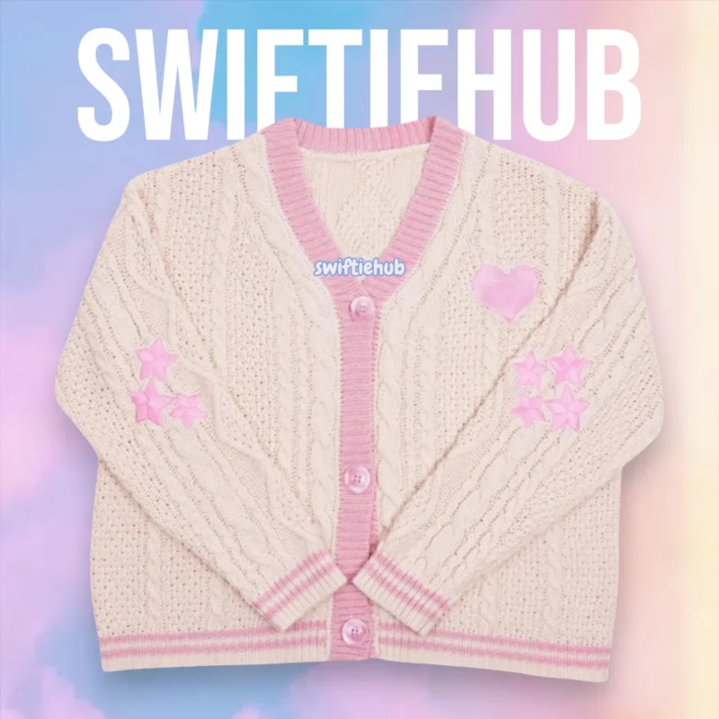 Taylor Swift Inspired Embroidered Lover Knit Cardigan | Pink Heart & Star Sweater | Cozy Swiftie Outfit | Cable Knit Button-Up Sweater for Women