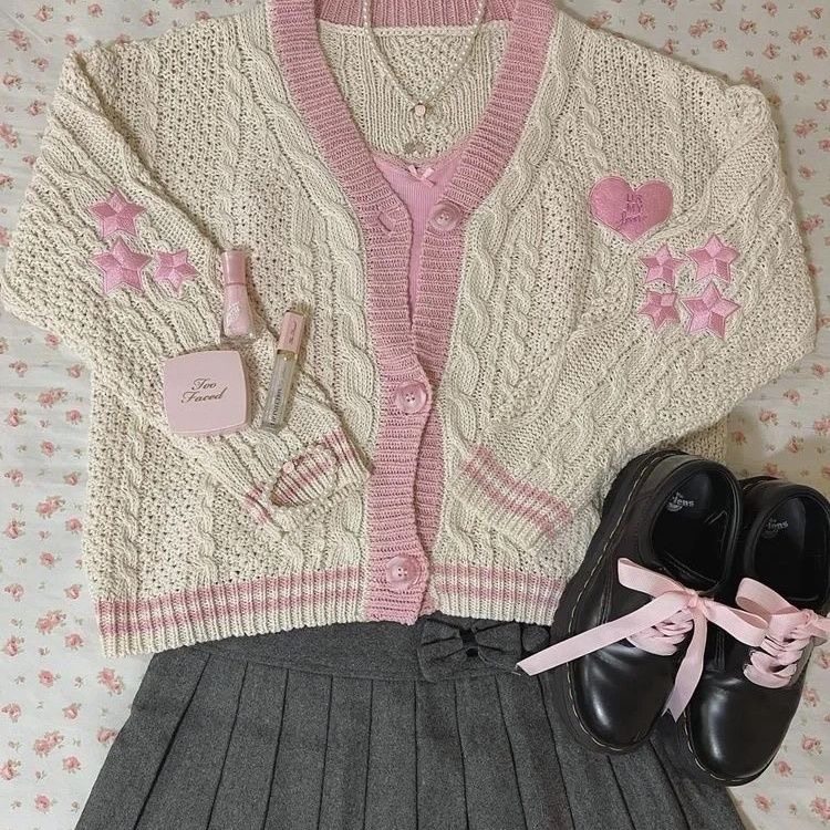 The Lover Era Cardigan – "Ur My Lover" Pink Star Embroidered Knit (Cream & Pink)