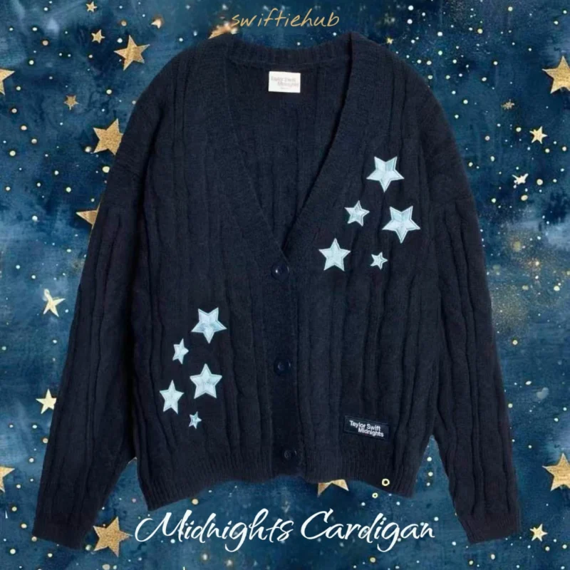 Midnights Album Cardigan – Deep Blue Navy Star Embroidered Knit