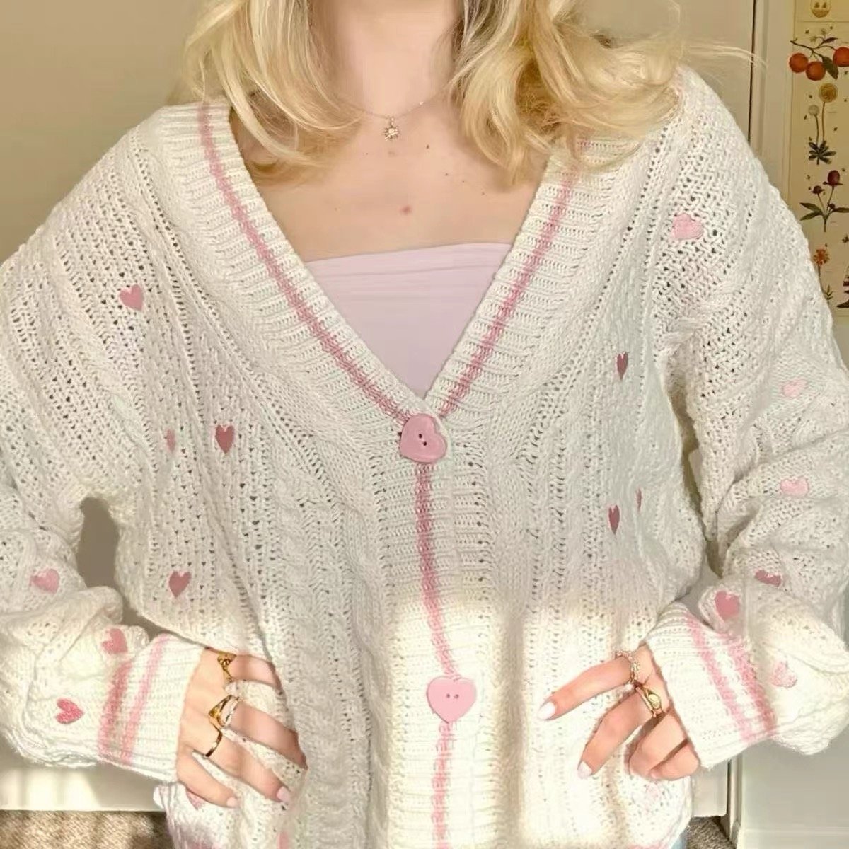 Lover Inspired Pink Heart Embroidery Knit Cardigan - Image 3