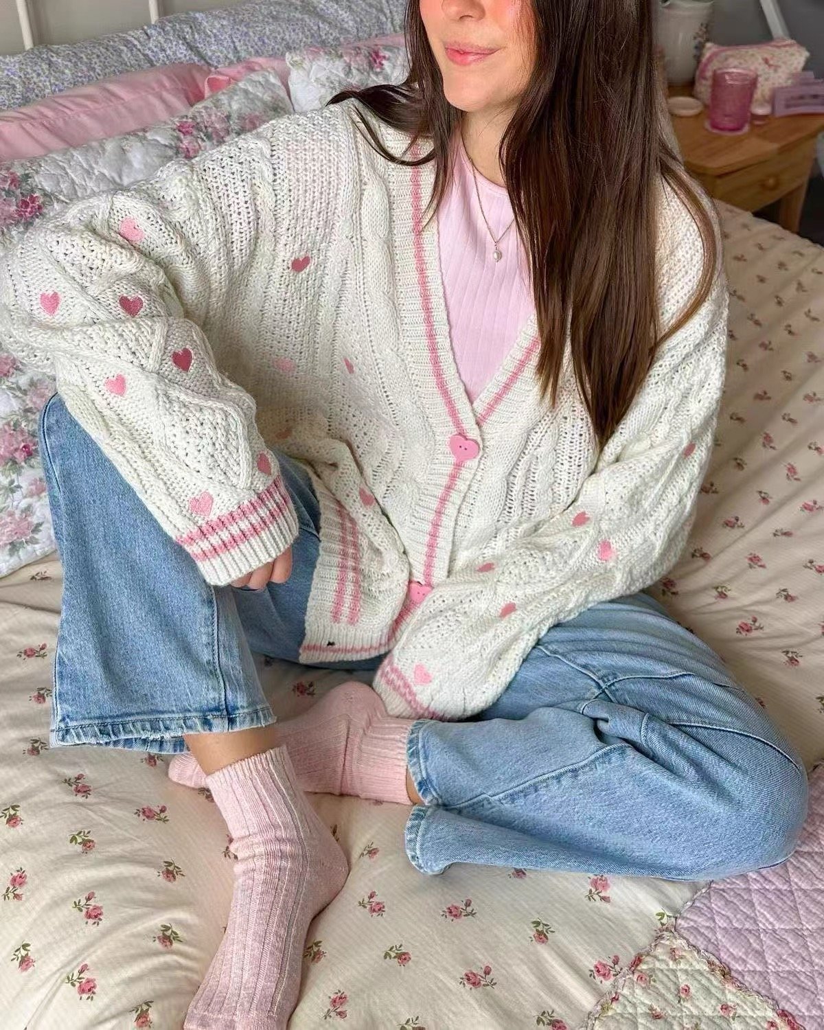 Lover Inspired Pink Heart Embroidery Knit Cardigan - Image 4