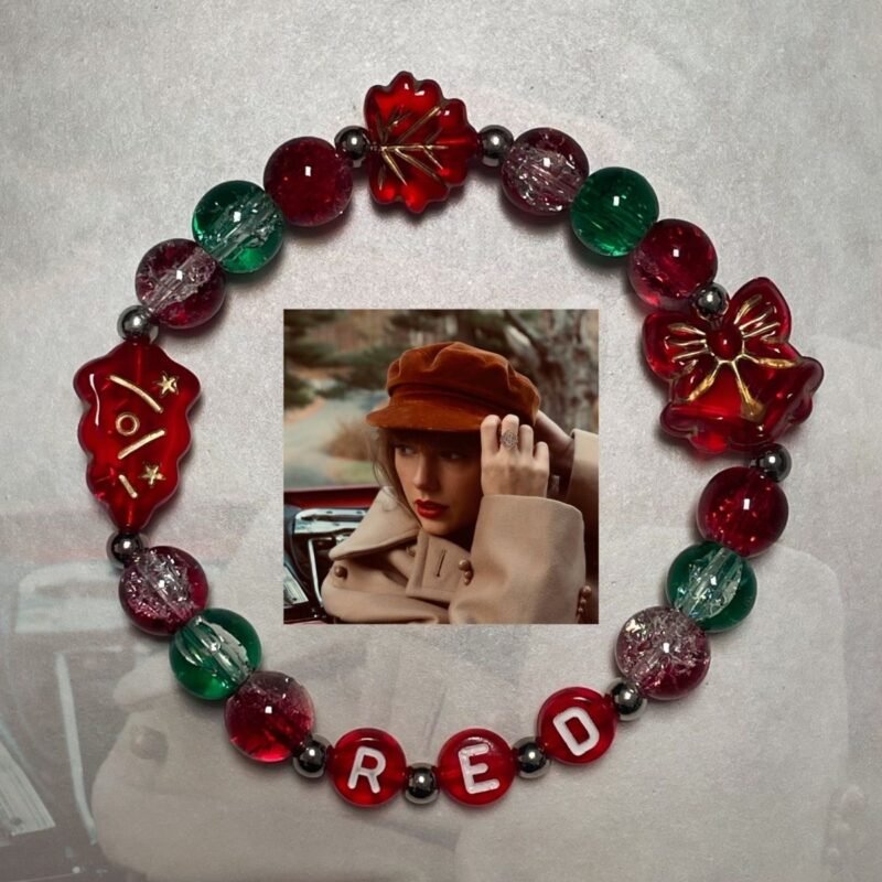 Red Inspired Christmas Friendship Bracelet | Handmade Stretch, 6–6.3 in / 15–16 cm | Holiday Party Gift