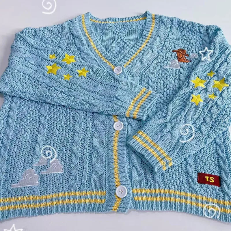 Star & Cowboy Boot Embroidered Cardigan | Cable Knit V-Neck Sweater