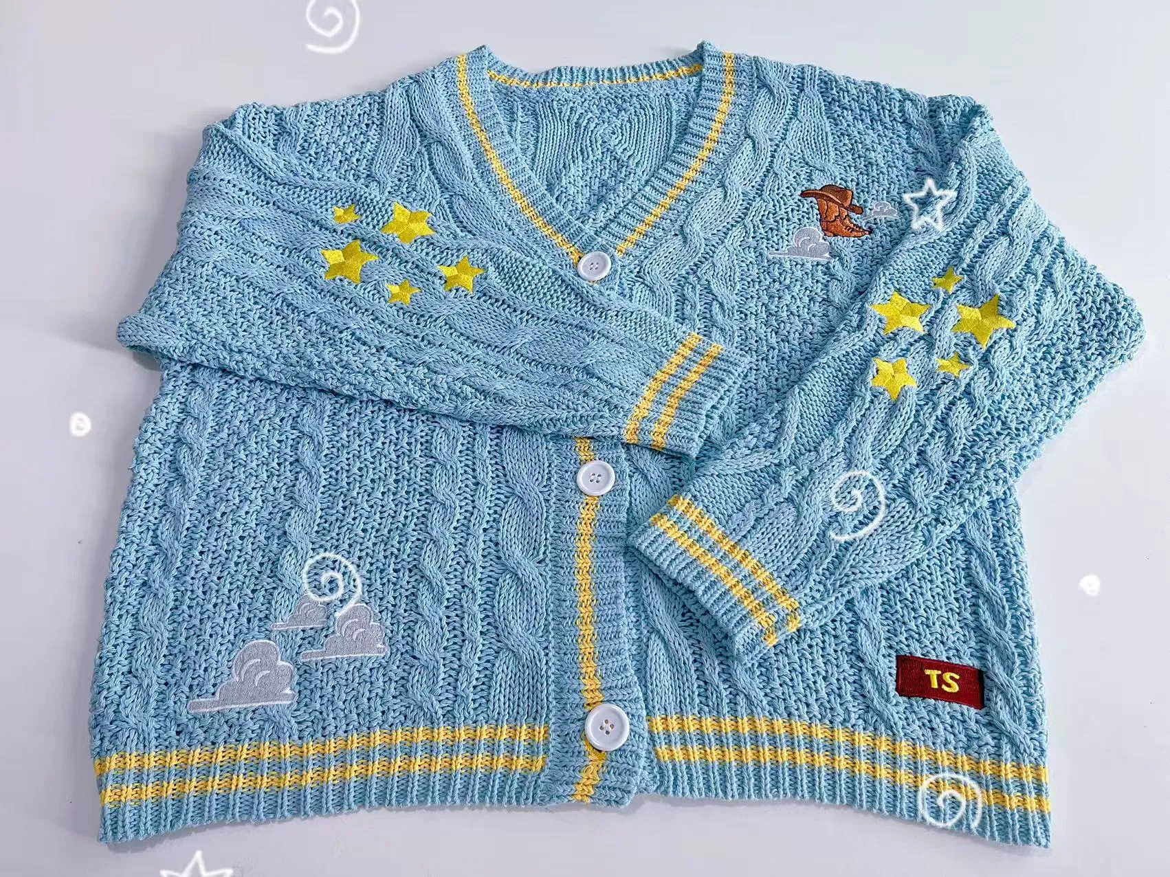 Star & Cowboy Boot Embroidered Cardigan | Cable Knit V-Neck Sweater