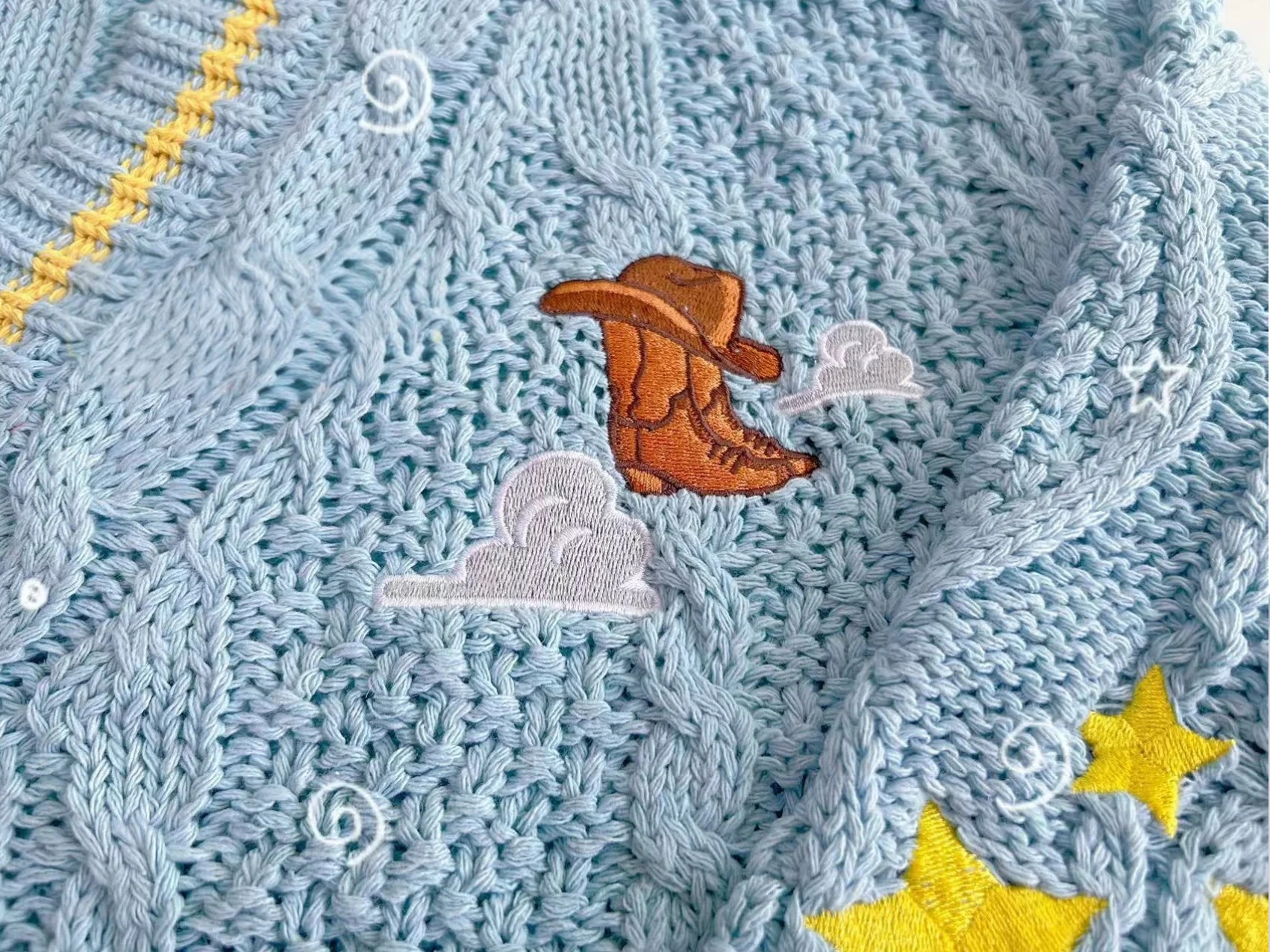 Star & Cowboy Boot Embroidered Cardigan | Cable Knit V-Neck Sweater - Image 6