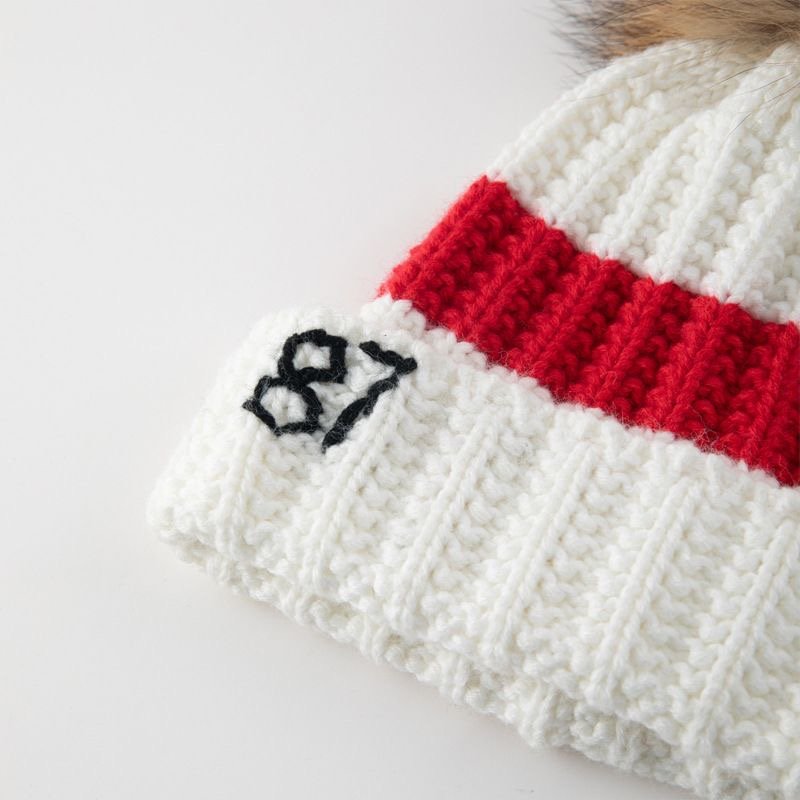 White Cable Knit Beanie with Fur Pom & "87" - Image 3