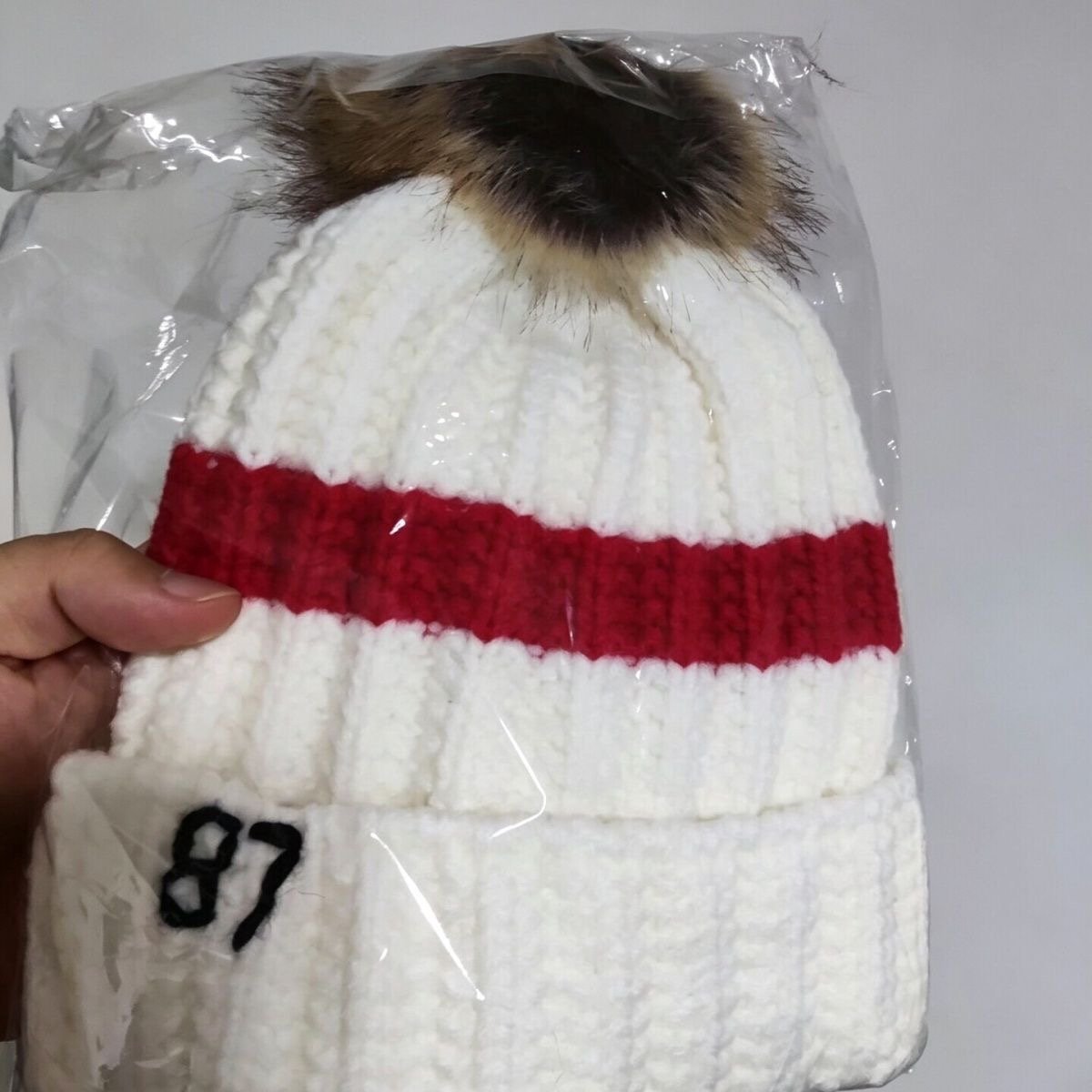 White Cable Knit Beanie with Fur Pom & "87" - Image 4