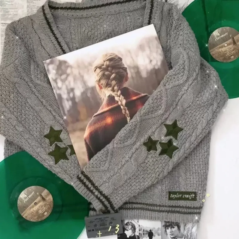 Evermore Inspired Star Cardigan | Gray Cable Knit with Dark Green Embroidered Stars | Cozy Casual Outerwear