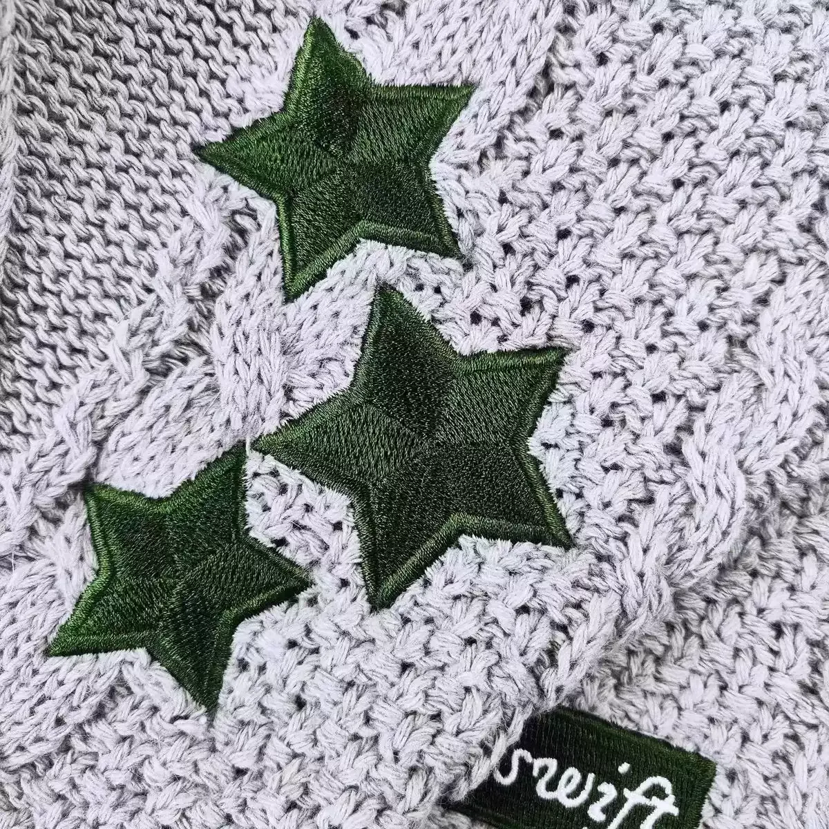 Evermore Inspired Star Cardigan | Gray Cable Knit with Dark Green Embroidered Stars | Cozy Casual Outerwear - Image 2