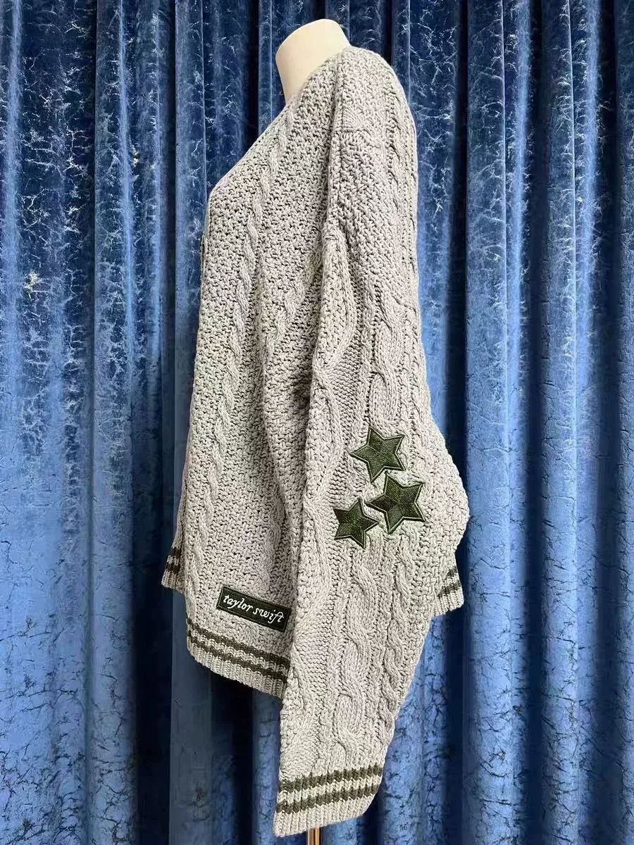 Evermore Inspired Star Cardigan | Gray Cable Knit with Dark Green Embroidered Stars | Cozy Casual Outerwear - Image 5