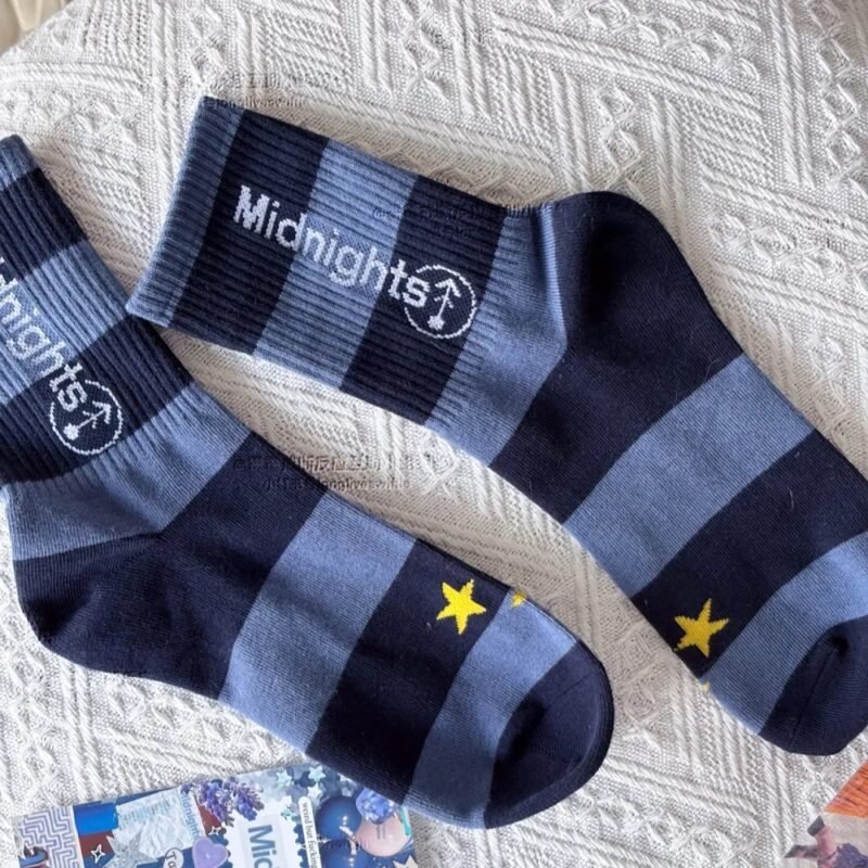 Midnights Era Inspired Socks | Navy Striped Crew Socks, Set of 2 Pairs | Everyday Mid-Calf Socks