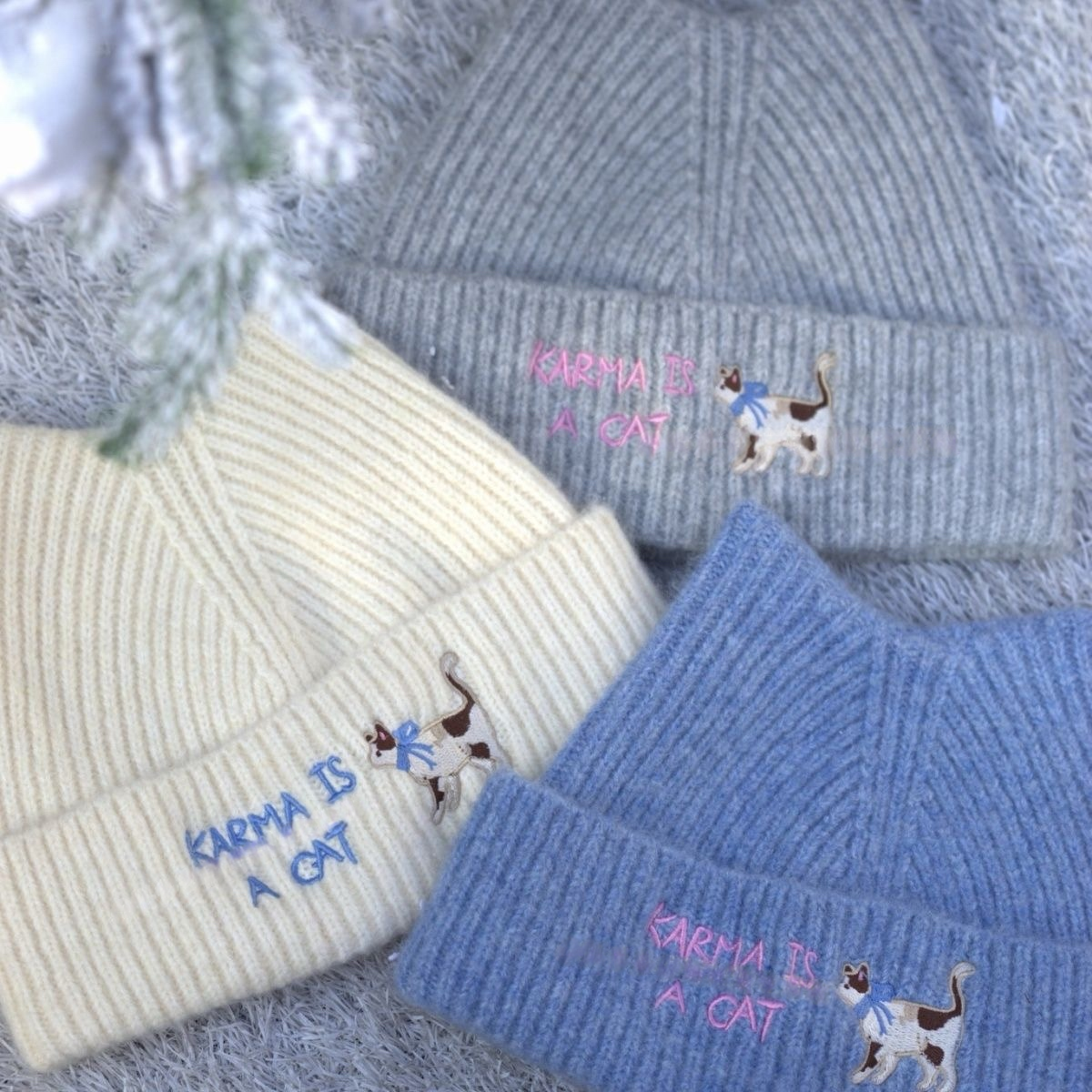 Karma Is a Cat Inspired Embroidered Cat Ear Knit Beanie | Cream, Gray & Blue - Image 4