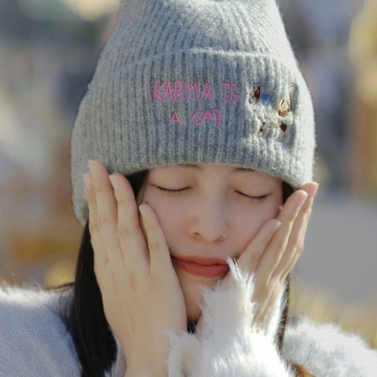 Karma Is a Cat Inspired Embroidered Cat Ear Knit Beanie | Cream, Gray & Blue - Image 3