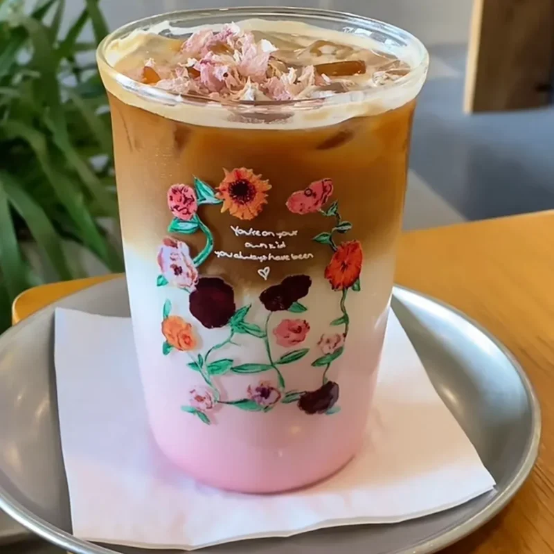 Vintage Floral Glass Cup | 16oz / 470ml Borosilicate | Iced Coffee & Matcha Cup