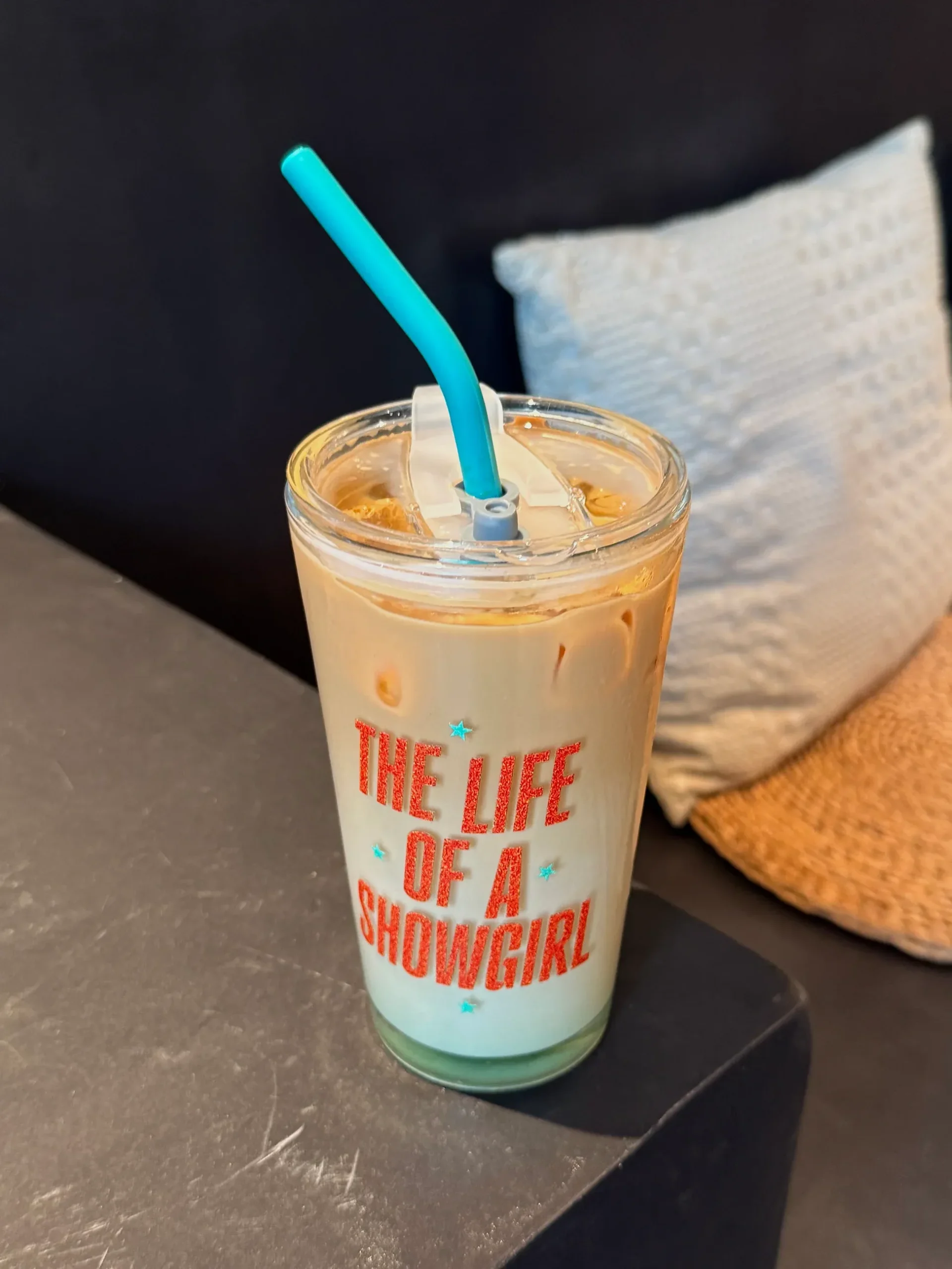 The Life of a Showgirl Inspired Orange & Aqua Glass Cup | 17.6oz / 520ml with Teal Silicone Straw - Image 2