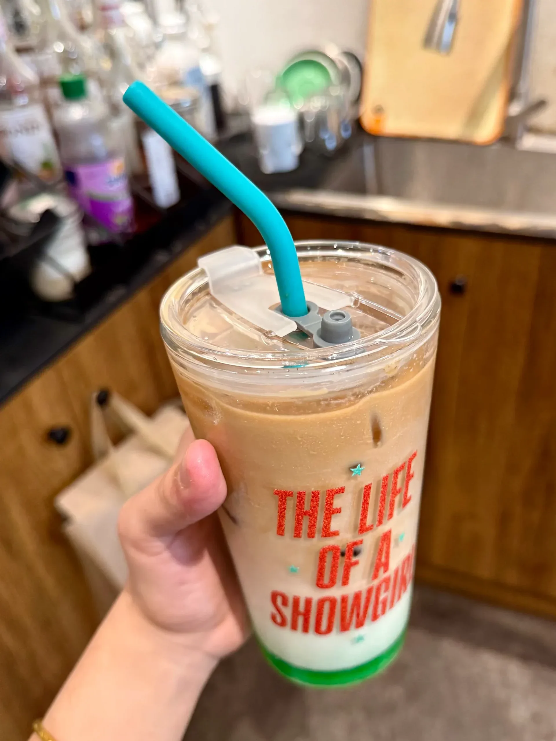 The Life of a Showgirl Inspired Orange & Aqua Glass Cup | 17.6oz / 520ml with Teal Silicone Straw - Image 3