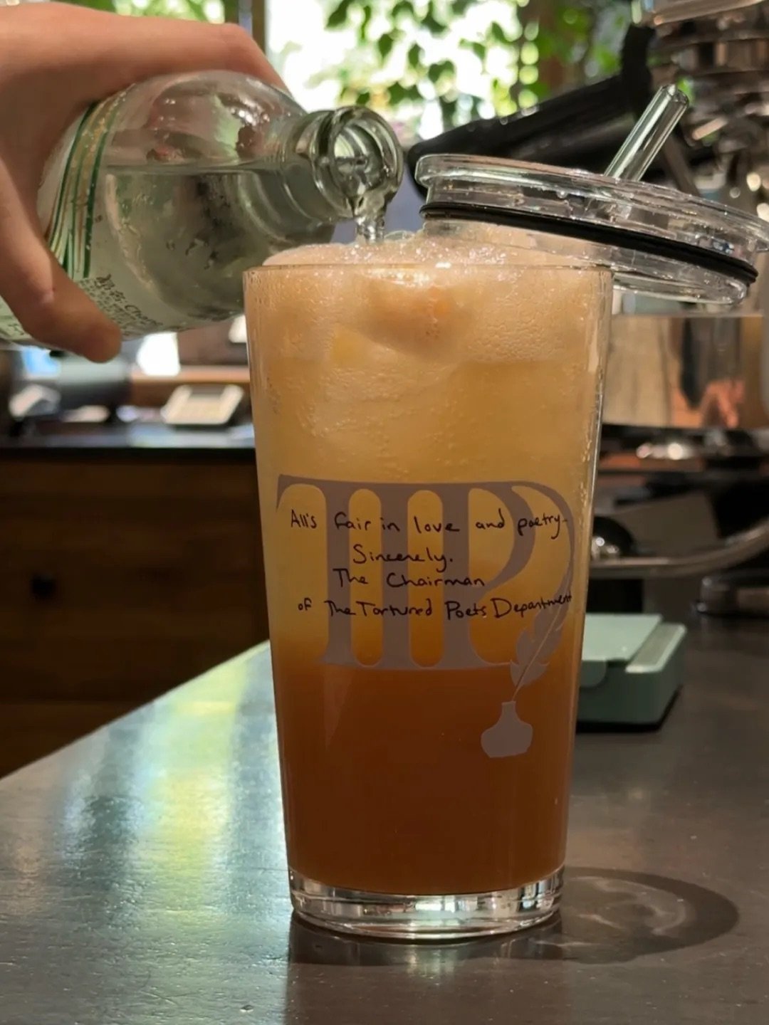 TTPD Inspired Vintage Poetry Glass Cup | 17.6oz / 520ml with Gray Glass Straw