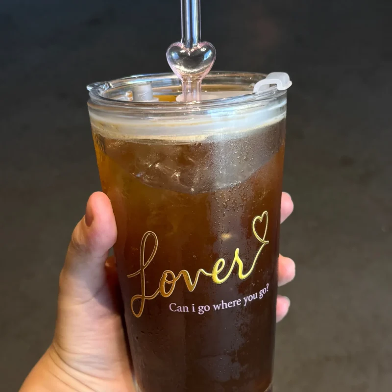 Lover Inspired Vintage Glass Tumbler | 17.6oz / 520ml with Lid & Light Pink Heart-Shaped Glass Straw